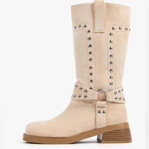 Studded Cream Mid-Calf Boots